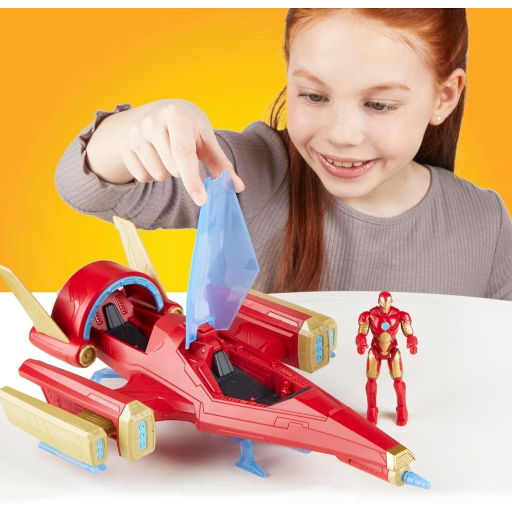 Figurina cu avion de lupta, Avengers, Iron Man, Repulsor Blast Battle Jet, 10 cm, F9329