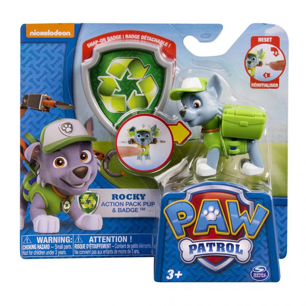 Figurina si insigna Paw Patrol  - Rocky 6.3 cm