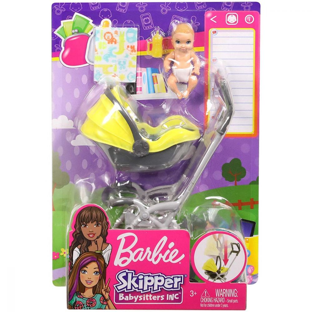 Set Barbie Skipper Babysitters - Papusa bebe si carucior galben, GFC18 