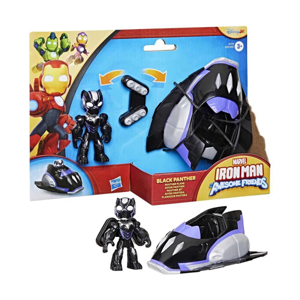 Set figurina cu vehicul, Marvel, Iron Man And His Awesome Friends, Black Panther Plane, G1774
