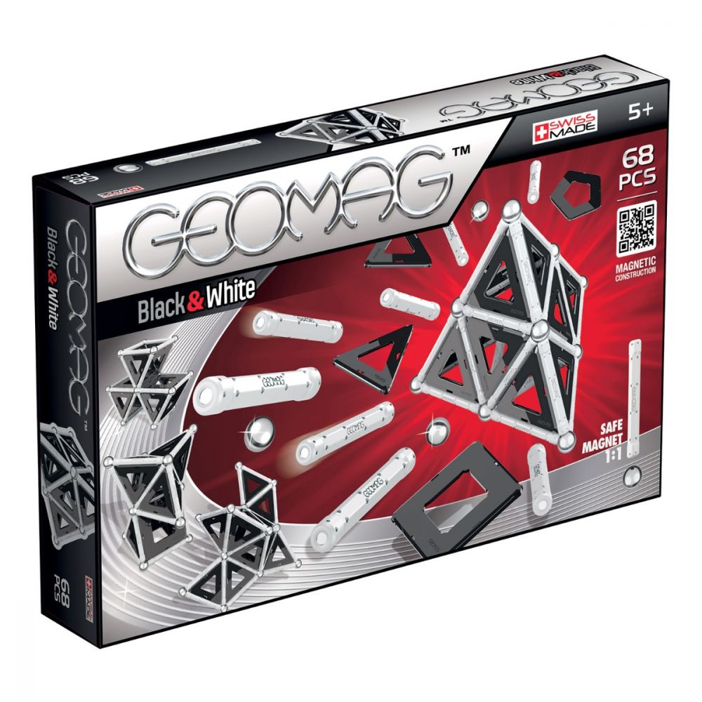 Joc de constructie magnetic Geomag Black and White, 68 piese
