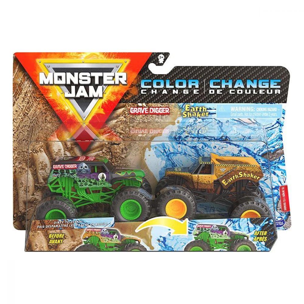 Set 2 masinute Monster Jam, Color Change, Grave Digger si Earth Shaker, 20128654, 1:64