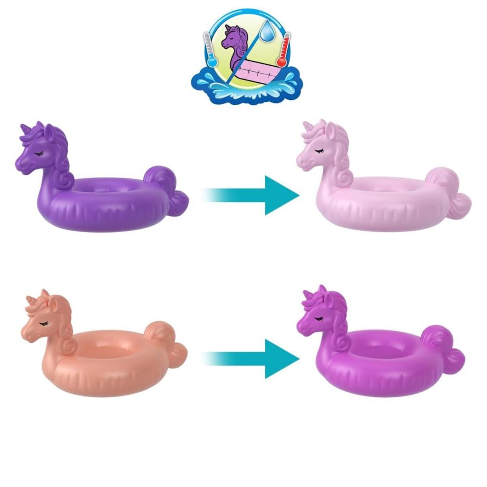 Set de joaca cu 2 papusi si 12 accesorii Polly Pocket, Unicorn Floatie, HKV34