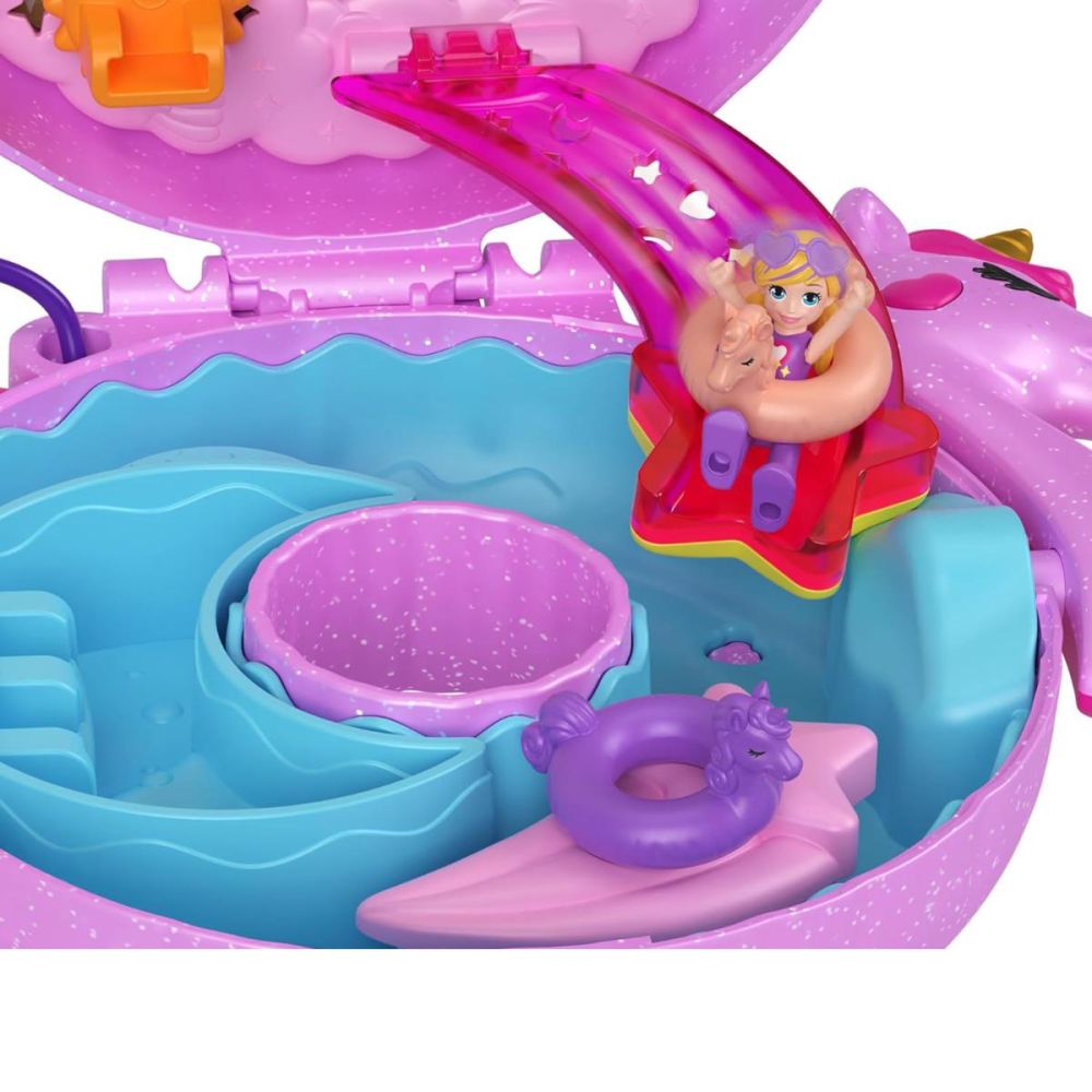 Set de joaca cu 2 papusi si 12 accesorii Polly Pocket, Unicorn Floatie, HKV34