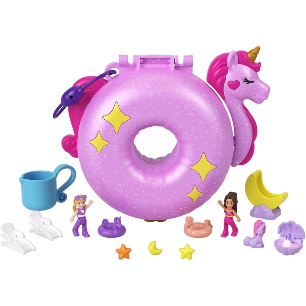 Set de joaca cu 2 papusi si 12 accesorii Polly Pocket, Unicorn Floatie, HKV34