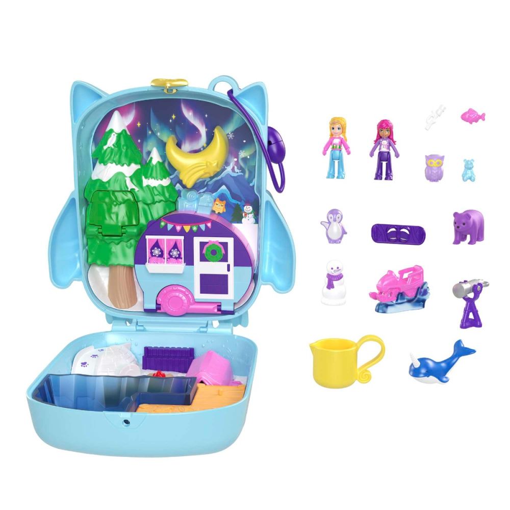 Set de joaca cu 2 papusi si 12 accesorii Polly Pocket, Snowy Sleepover Owl, HKV37