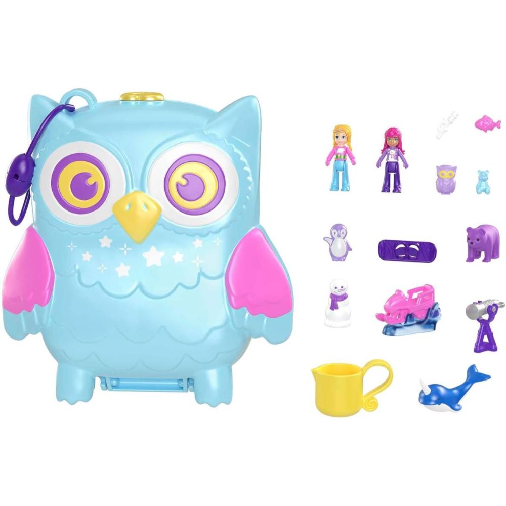 Set de joaca cu 2 papusi si 12 accesorii Polly Pocket, Snowy Sleepover Owl, HKV37