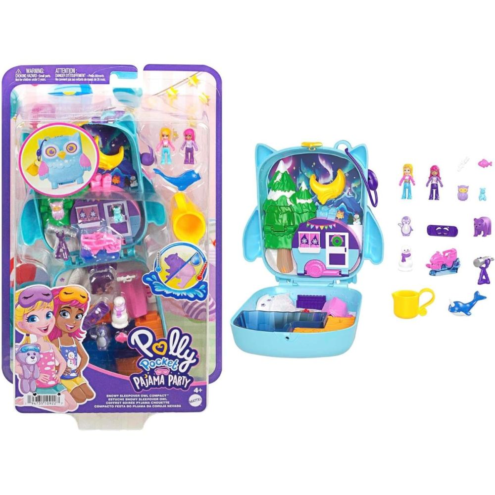 Set de joaca cu 2 papusi si 12 accesorii Polly Pocket, Snowy Sleepover Owl, HKV37