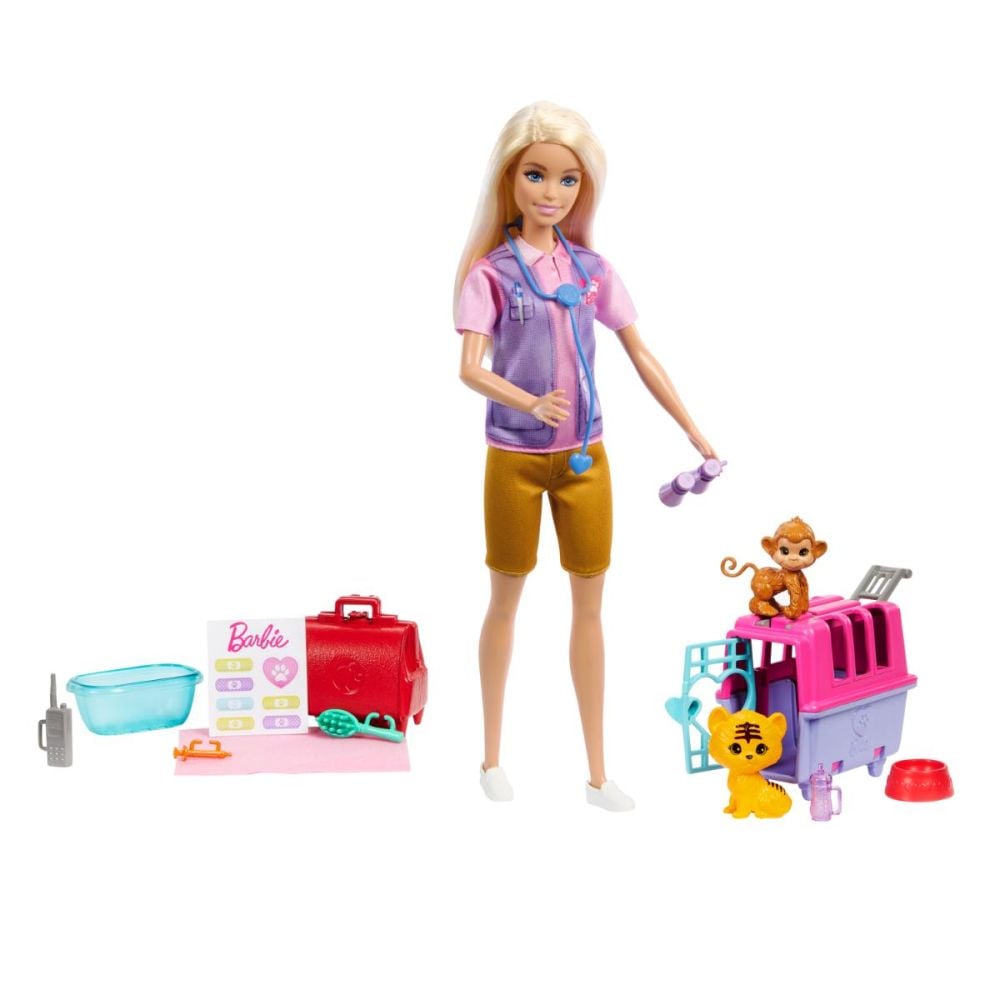 Set papusa cu 2 animalute din jungla, Barbie, Wildlife Rescuer, HRG50