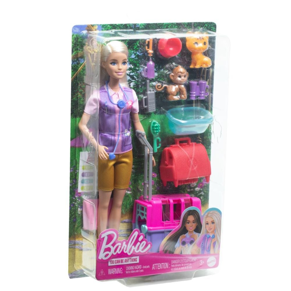 Set papusa cu 2 animalute din jungla, Barbie, Wildlife Rescuer, HRG50