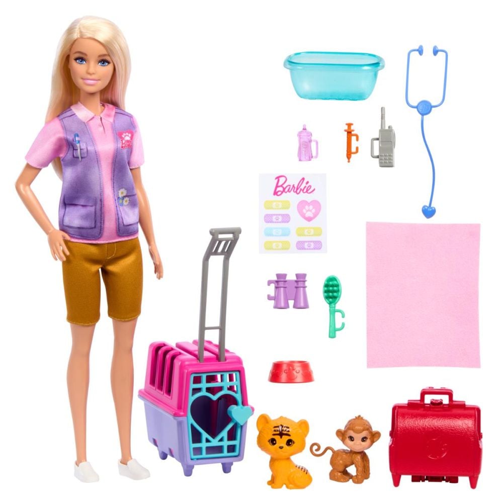 Set papusa cu 2 animalute din jungla, Barbie, Wildlife Rescuer, HRG50