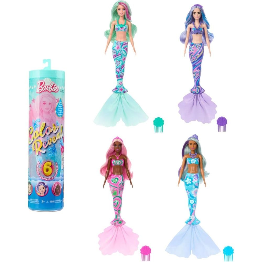 Papusa surpriza, Barbie, Color Reveal, Mermaid, 6 surprize, HRK12