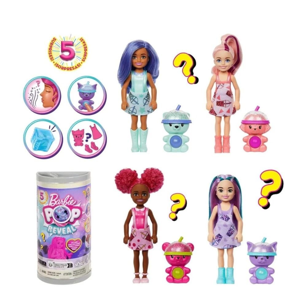 Papusa surpriza Chelsea, Barbie, Pop Reveal, Bubble Tea, 5 surprize, HRK63