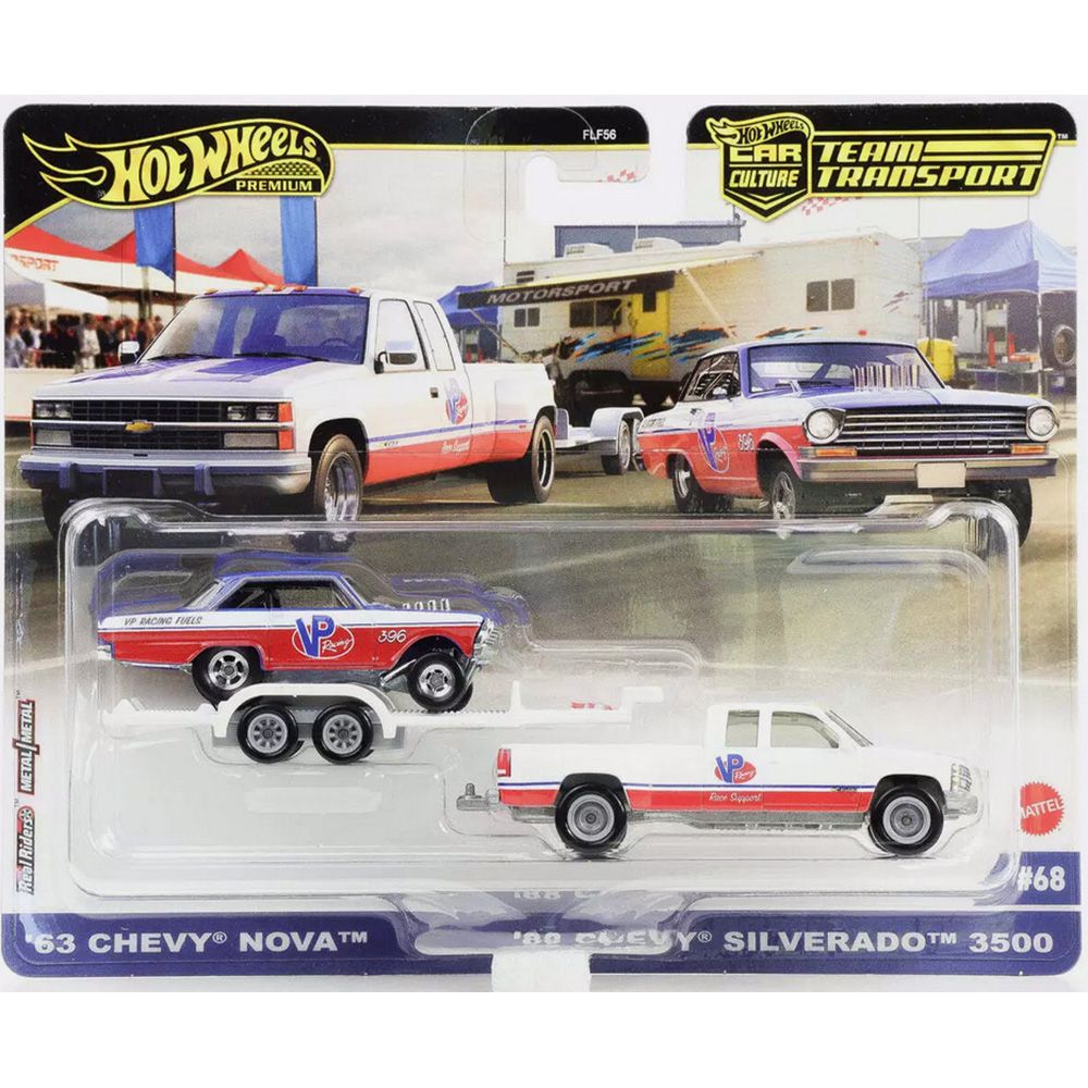 Transportator cu masinuta Hot Wheels, 63 Chevy Nova si 88 Chevy Silverado 3500, HRV42
