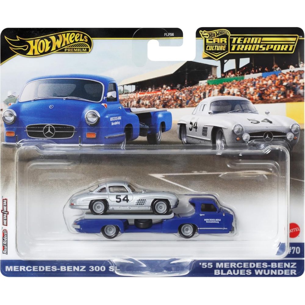 Transportator cu masinuta Hot Wheels, Mercedes-Benz Blaues Wunder si Mercedes-Benz 300 SL, HRV48