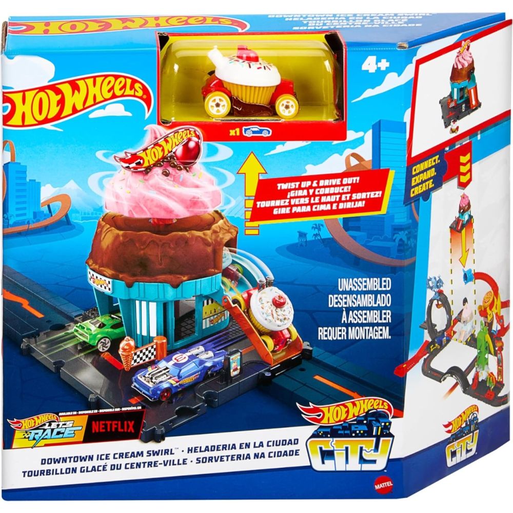 Set de joaca cu masinuta, Hot Wheels, Downtown Ice Cream Swirl, HTN77