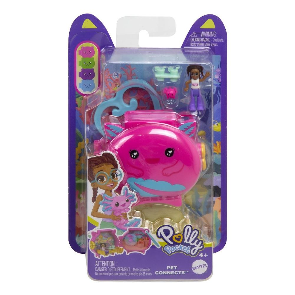 Mini gentuta in forma de animalut cu accesorii, Polly Pocket, Axolotl, HXX22