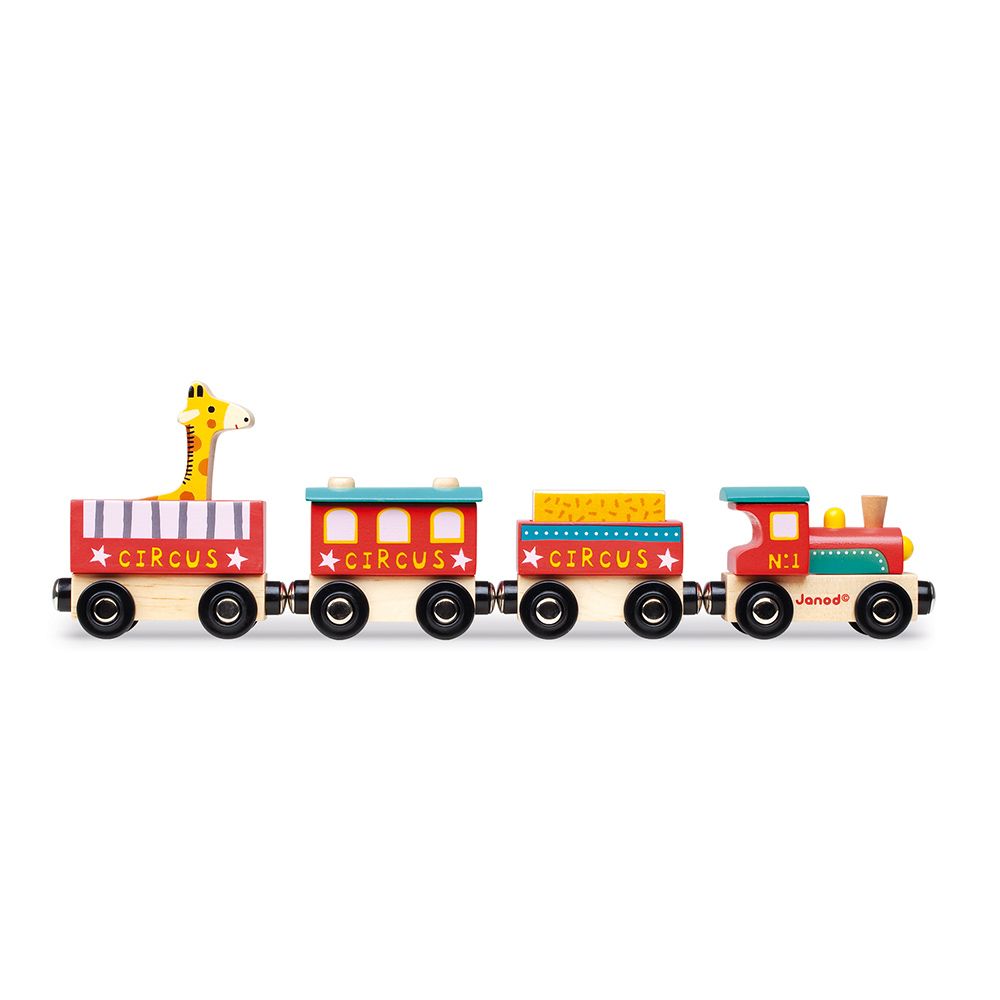 Trenulet de lemn cu locomotiva, 4 vagoane si o girafa Janod