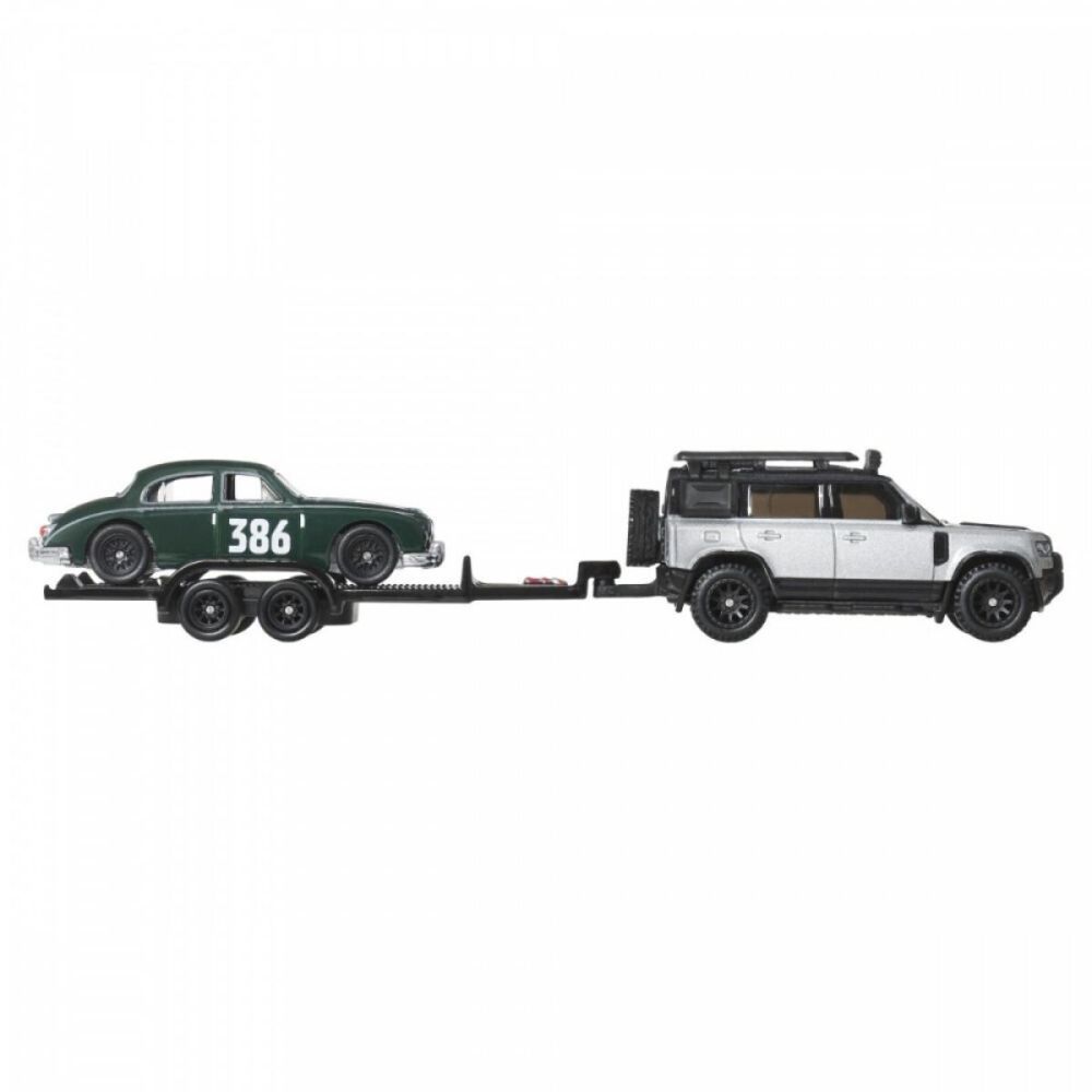 Transportator cu masinuta Hot Wheels, 2023 Land Rover Defender 110 si Jaguar MK1, JBM29