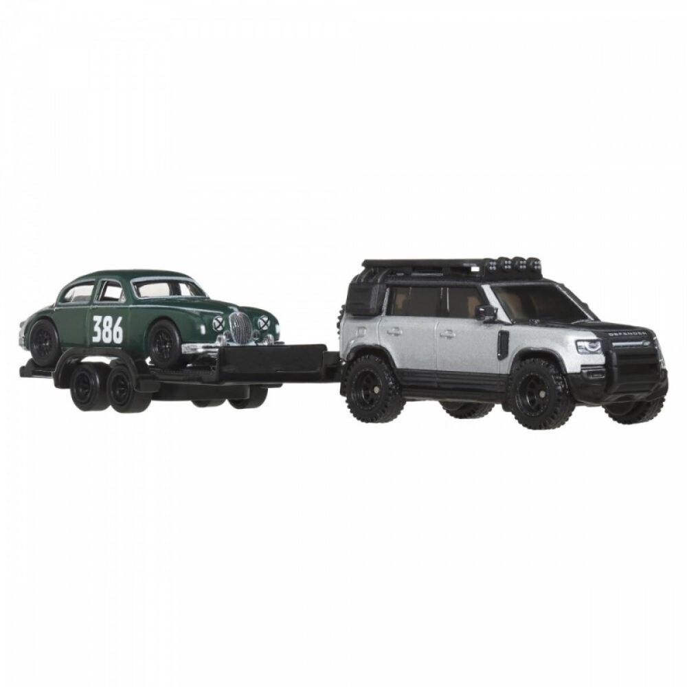 Transportator cu masinuta Hot Wheels, 2023 Land Rover Defender 110 si Jaguar MK1, JBM29