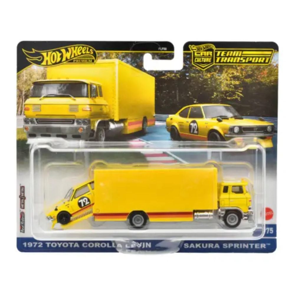 Transportator cu masinuta Hot Wheels, 1972 Toyota Corolla Levin si Sakura Sprinter, JBM34