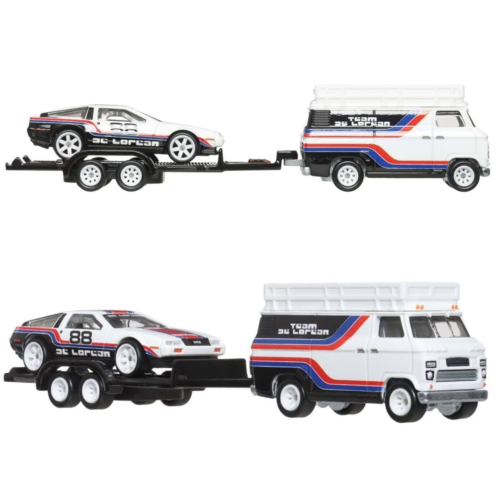 Transportator cu masinuta Hot Wheels, DMC Delorean si HW Rally Hauler, JBM35