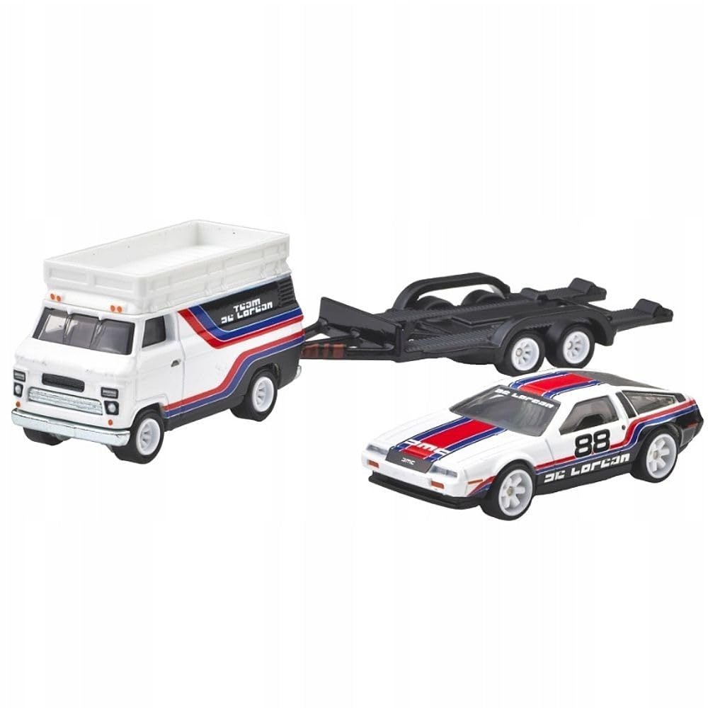 Transportator cu masinuta Hot Wheels, DMC Delorean si HW Rally Hauler, JBM35