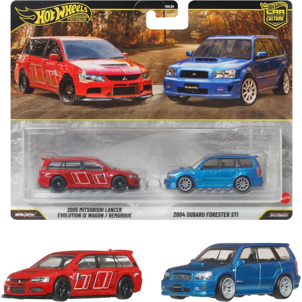 Set 2 masini metalice, Hot Wheels, Car Culture, 2005 Mitsubishi Lancer Evolution IX Wagon si 2004 Subaru Forester STI, JHW46
