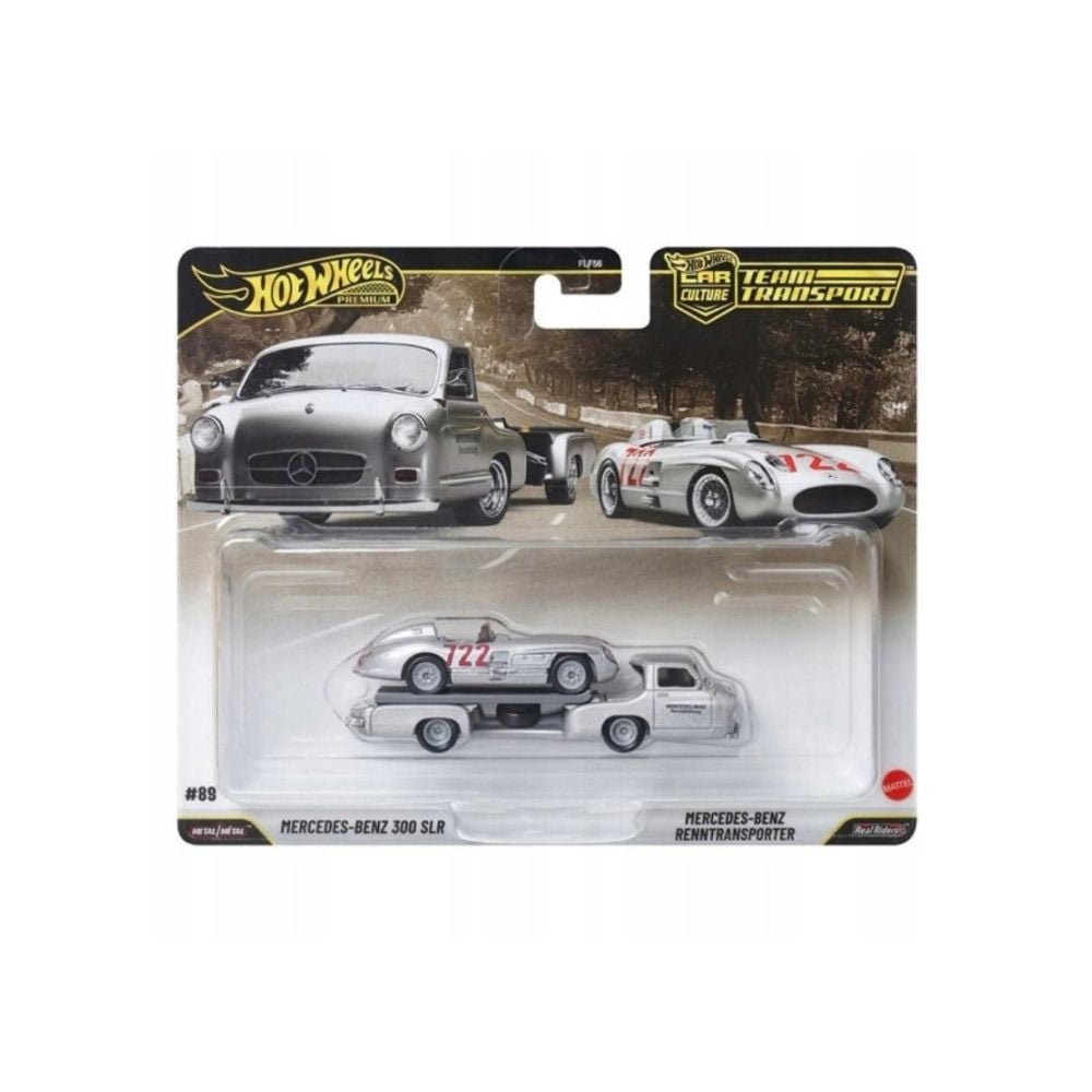 Transportator cu masinuta Hot Wheels, Car Culture Team Transport, Mercedes-Benz 300 SLR si Mercedes-Benz Renntransporter, JHX90