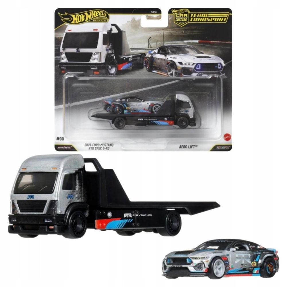 Transportator cu masinuta Hot Wheels, Car Culture Team Transport, 2024 Ford Mustang RTR Spec 5-FD si Aero Lift, JHX92