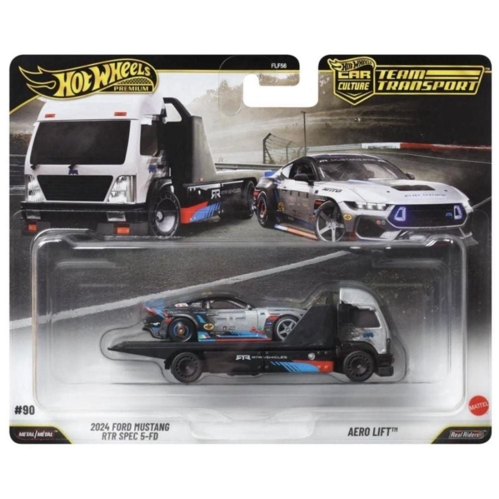 Transportator cu masinuta Hot Wheels, Car Culture Team Transport, 2024 Ford Mustang RTR Spec 5-FD si Aero Lift, JHX92