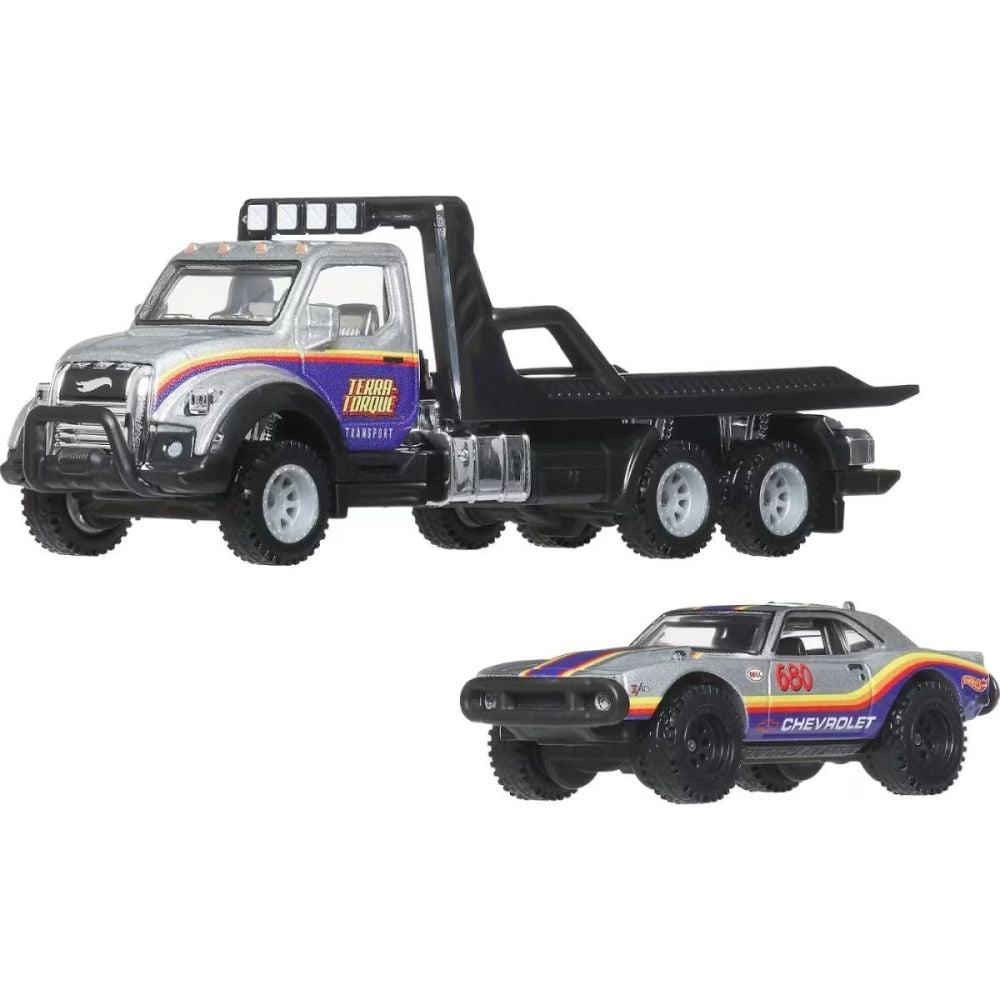 Transportator cu masinuta Hot Wheels, Car Culture Team Transport, 67 Off Road Tout-Terrain Camaro si Terra-Torque, JHX93