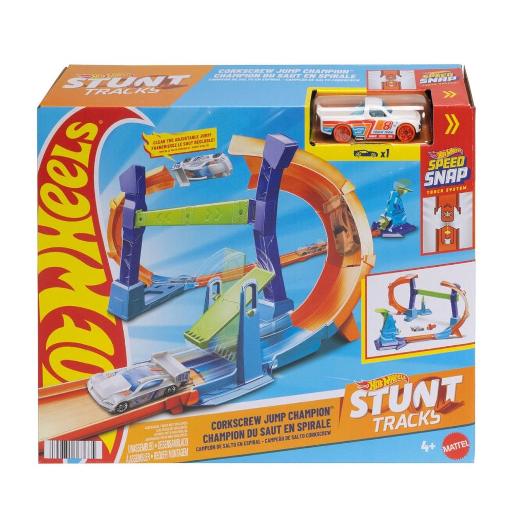Set de joaca cu masinuta, Hot Wheels, Stunt Tracks, Corkscrew Jump Champion, JLM91