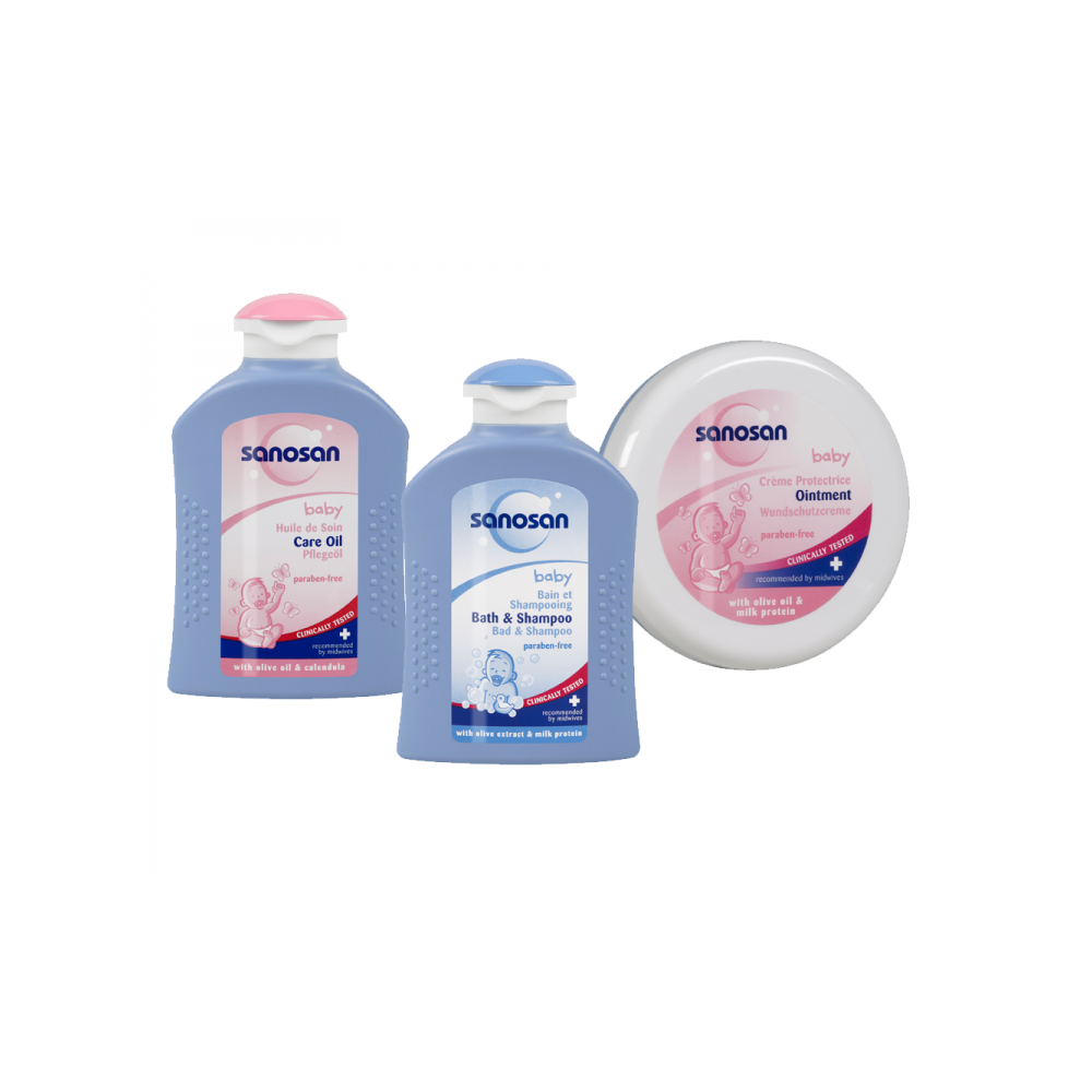 Kit pentru nou nascuti Sanosan: crema, spumant cu sampon, ulei