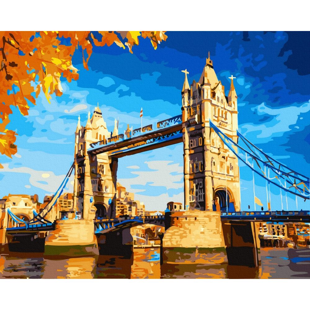 Set Acuarello, Pictura pe numere, London Bridge, cu rama din lemn, pensule si culori acrilice