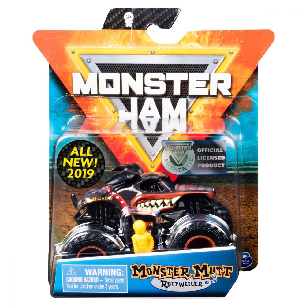 Masinuta Monster Jam, Scara 1:64, Monster Mutt Rottweiler cu figurina, Portocaliu