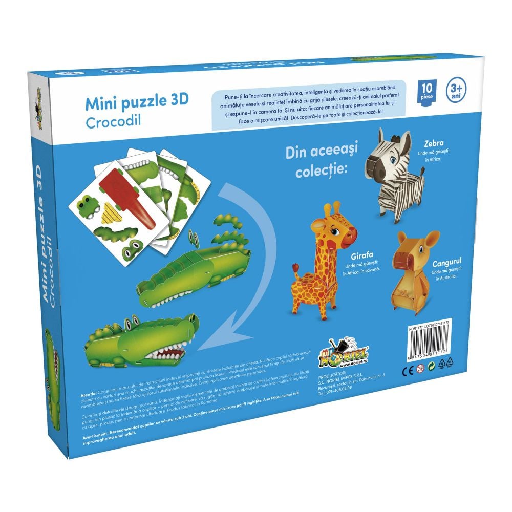 Mini Puzzle 3D Noriel - Crocodil, 10 piese