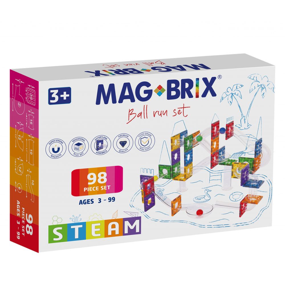 Set magnetic de constructie, Magblox, Circuit cu bile, Magbrix Marble Run, 98 piese