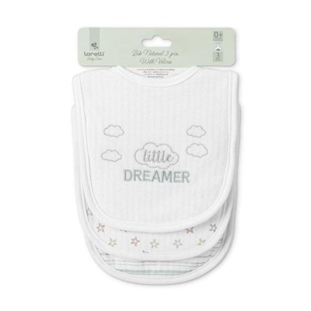 Set 3 bavete bumbac, Lorelli, inchidere cu velcro, potrivit pentru hranire si in perioada eruptiei dentare, White