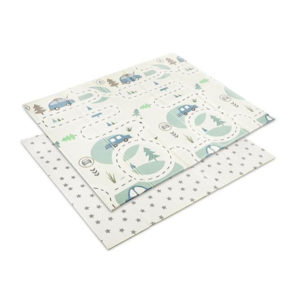Covoras de joaca termic, Lorelli, din spuma XPE, design cu doua fete, pliabil, impermeabil, 180 x 200 cm, Funny City and Stars