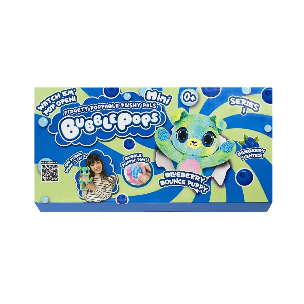Jucarie mini de plus parfumata, Bubble Pops, S1, Blueberry Bounce Puppy, 23 cm