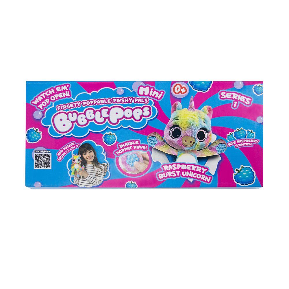 Jucarie mini de plus parfumata, Bubble Pops, S1, Raspberry Burst Unicorn, 23 cm