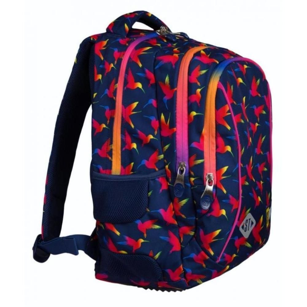 Ghiozdan cu 3 compartimente, St Majewski, St Right, Rainbow Birds, Negru-Rosu