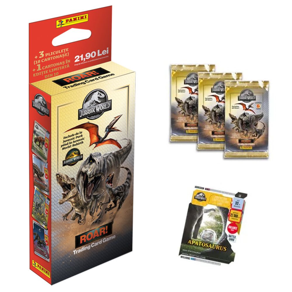 Set 3 pachete de carti si 1 card editie limitata, Panini, Jurrasic World, Eco Blister