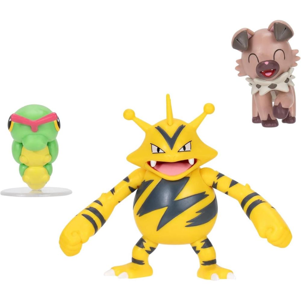 Set 3 figurine de actiune, Pokemon, Caterpie, Electabuzz si Rockruff
