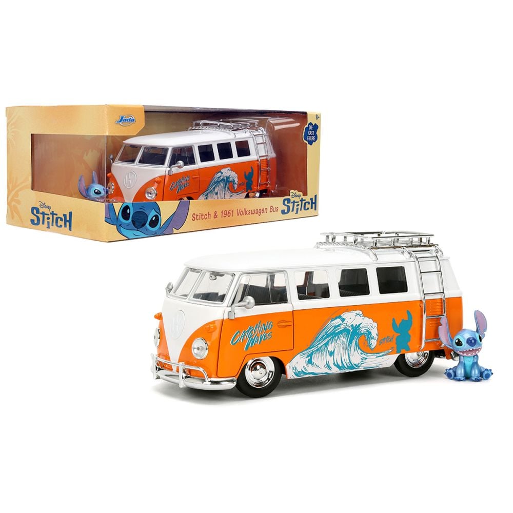 Set masinuta metalica si figurina, Jada, Disney Stitch, Volkswagen Bus 1961, 1:24