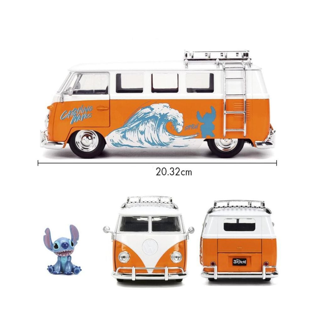 Set masinuta metalica si figurina, Jada, Disney Stitch, Volkswagen Bus 1961, 1:24