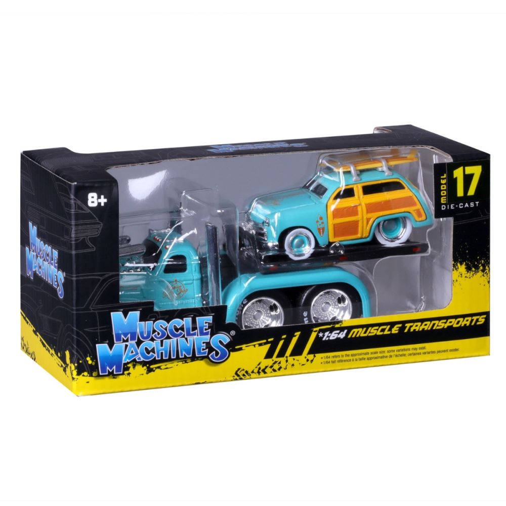 Transportator si masinuta, Maisto, Muscle Transports, 1953 MACK B-61 Flatbed si 1950 Ford Woody, 1:64