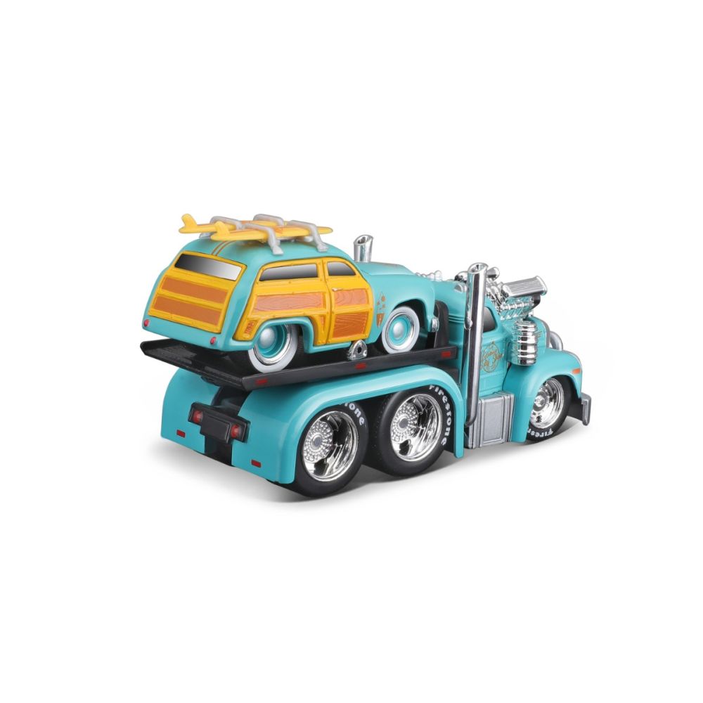Transportator si masinuta, Maisto, Muscle Transports, 1953 MACK B-61 Flatbed si 1950 Ford Woody, 1:64