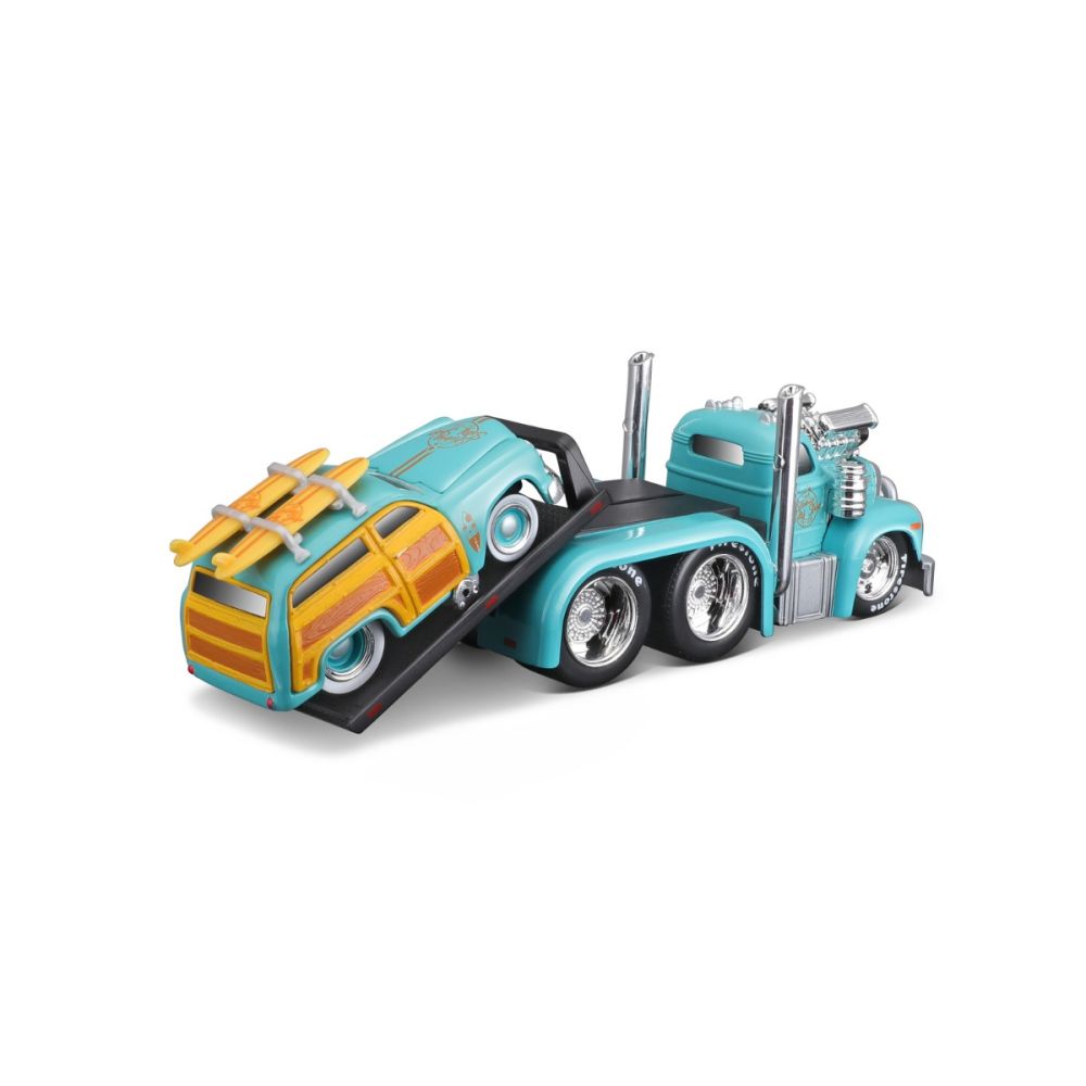 Transportator si masinuta, Maisto, Muscle Transports, 1953 MACK B-61 Flatbed si 1950 Ford Woody, 1:64